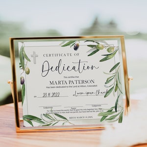 Greenery detication certificate template, editable christening certificate, olive detication certificate, printable certificate, P226