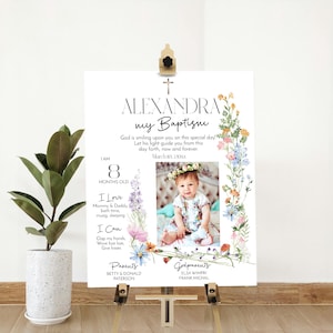 Wildflower baptism milestone sign template, baptism chalkboard sign with photo, first communion poster, christening milestone poster, P332