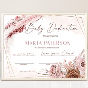 Pink boho dedication certificate template, girl dedication certificate, pampas gras baptism certificate, editable dedication certificate P64