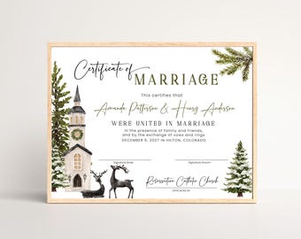 Marriage Certificate Template, Winter Church Wedding Certificate, Editable Rustic Wedding Keepsake, Printable, Digital Download, P345