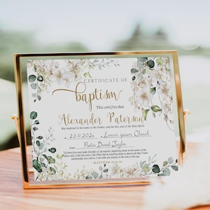 Greenery baptism certificate template, floral certificate of baptism, editable certificate, printable green gold baptism certificate, P329