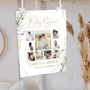 Baby shower sign photo collage, photo baby shower poster, pregnancy photo collage, gender reveal sign, parents photo collage template B012