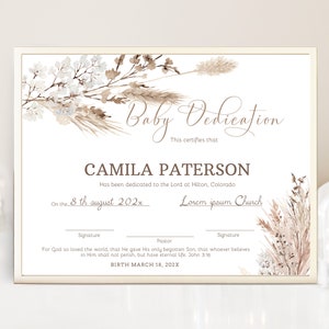 Boho baby dedication certificate template, pampas grass dedication certificate, printable baptism certificate, dedication certificate, P201