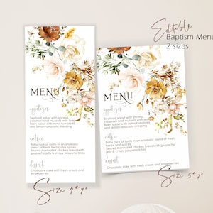 Floral menu card template, flower menu card, wedding menu, baptism menu card, printable menu, editable boho menu, instant download, P60