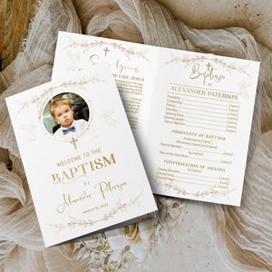 Gold baptism photo program template, editable baptism program, printable baptism invitation with picture, elegant baptism program,  B6