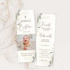 Baptism bookmark with photo, baptism bookmark favor template, bookmark keepsake for baptism, printable neutral christening favors B012