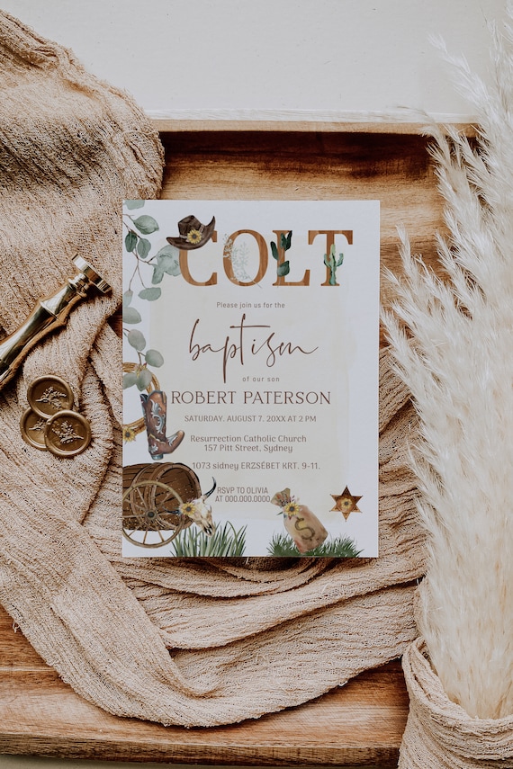 Cowboy baptism Invitation template, boy boho baptism invites, cowboy party Invites, boy christening invitation,  first communion invite P110