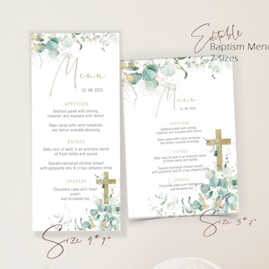 Eucalyptus greenery menu template, green gold dinner menu card, christening menu card, printable baptism menu card, editable menu card, B021