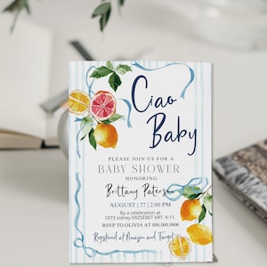Ciao baby shower invitation, lemon shower, whimsical baby invite, editable baby shower invite template, Italian baby shower, hand drawn P334