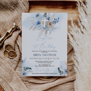 Blue boho floral baptism and 1st birthday invitation template, boy christening invite, first birthday invite, editable baptism invite, P65
