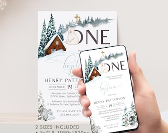 Winter First Birthday and Baptism Invitation Template, Snowy Forest One Birthday Christening Invite, Winter Bear Cross, P72