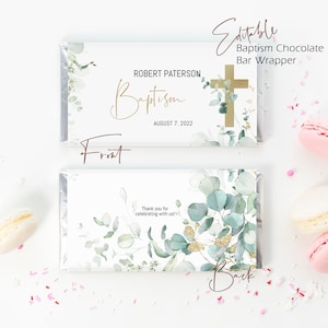 Gold cross baptism chocolate bar wrapper template, eucalyptus candy bar wrapper, christening favour thank you wrapper, chocolate labels B021