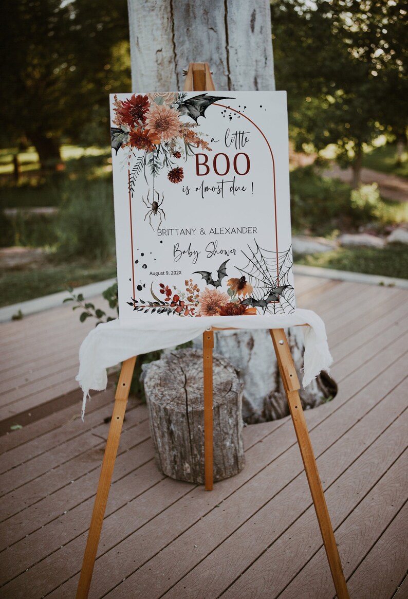 Halloween baby shower welcome sign template, gender neutral halloween welcome, little boo baby shower sign, spooky fall welcome sign P149 image 1