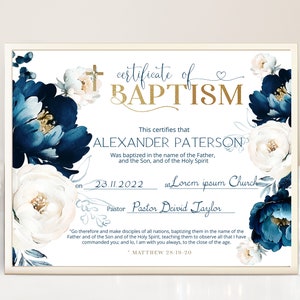 Blue flowers baptism certificate template, editable christening certificate, gold baptism certificate, blue watercolor baptism, P128