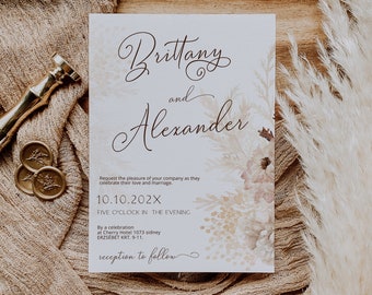 Pampas grass wedding invitation template, editable boho beige wedding invite , rustic wedding invitation, modern wedding invitation, P157