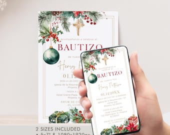 Editable Christmas Baptism Invitation Template for Boys, Winter Floral Bautizo Invitation with Gold Cross and Green Ornaments, P273