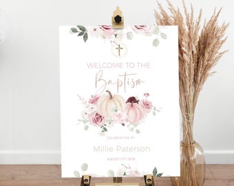 Boho pumpkins baptism welcome sign template, printable fall pink flowers baptism poster, editable autumn christening welcome poster, P240