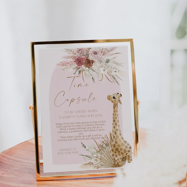 Pink boho time capsule template, boho modern time capsule, time capsule first birthday card, pampas grass birthday giraffe party capsule P82