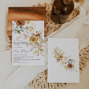 Boho fall baptism invitation, garden flowers baptism invite, editable autumn baptism invite, fall christening gender neutral invitation P60