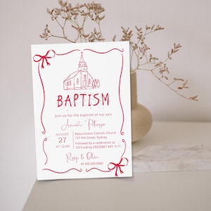 Minimalist baptism invitation template, editable girl christening invite, hand drawn, whimsical invite, red bow, dedication invite, P300
