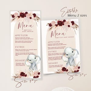 Boho elephant menu card template, safari animal menu card, printable girl baby shower menu, dinner menu, burgundy pampas grass decor P272