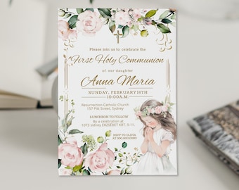 Pink flowers 1st holy communion invite template, first holy communion invitation, religious invite, printable christening invite, P229
