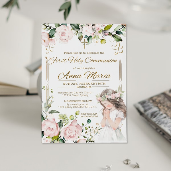 Pink flowers 1st holy communion invite template, first holy communion invitation, religious invite, printable christening invite, P229