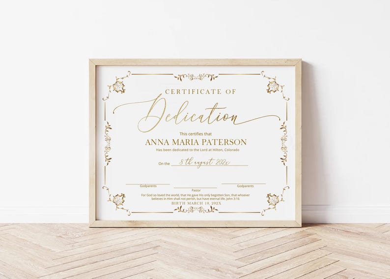 Minimalist Gold Baby Dedication Certificate, Editable Dedication ...