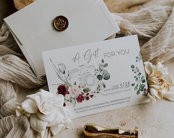 Photography Gift Certificate, Eucalyptus, Photo Session Voucher, Photographer Coupons, Floral Card, Editable Template
