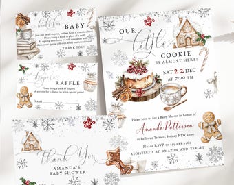 Our Little Cookie Baby Shower Invitation Set, Christmas Gingerbread Bundle, Editable Winter Books for Baby, Diaper Raffle Template, P268