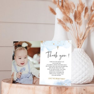 Blue gold baptism photo thank you cards, boy christening thank you card, religious thank you note template, printable boy baptism card, B2b