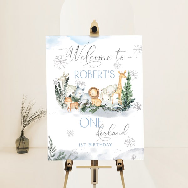 Winter onederland birthday party welcome sign, winter animal one birthday, wonderland woodland welcome sign, snowflake winter party sign P83