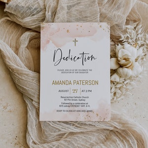 Light Pink Watercolor Dedication Invitation, Gold Cross, Editable Child Baptism Invite Template, B2p