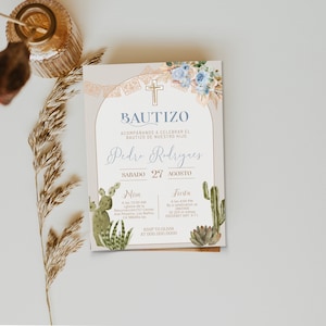 Boho spanish baptism invitation template, invitaciones de bautizo, mi bautizo invite, religious invitation, editable christening invite P198
