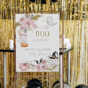 A little boo Is almost due welcome sign template, editable cute ghost poster, girl halloween baby shower, pink spooky party decoration, P159