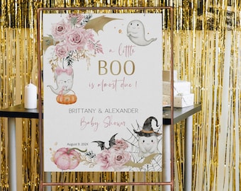 A little boo Is almost due welcome sign template, editable cute ghost poster, girl halloween baby shower, pink spooky party decoration, P159