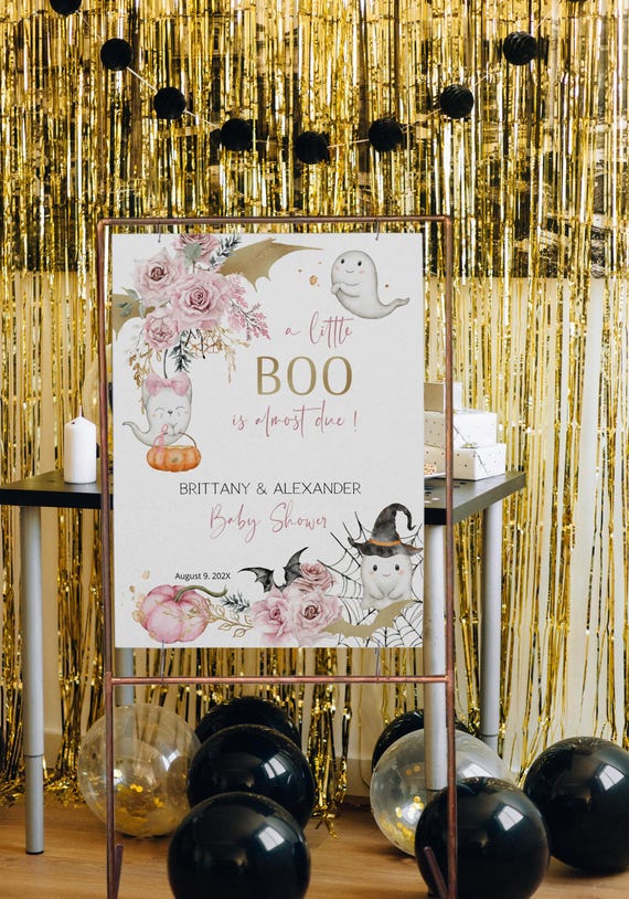 A little boo Is almost due welcome sign template, editable cute ghost poster, girl halloween baby shower, pink spooky party decoration, P159
