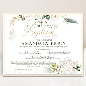 Green gold baptism certificate template, printable custom certificate of baptism, editable christening certificate, baptism gift, P208