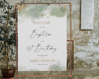 Green gold baptism and 1st birthday welcome sign template, greenery watercolor welcome sign, religious welcome sign, green christening B2g