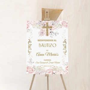 Pink floral spanish bautizo welcome sign template, bienvenidos a bautizo sign, religious welcome sign, first communion welcome sign, P223