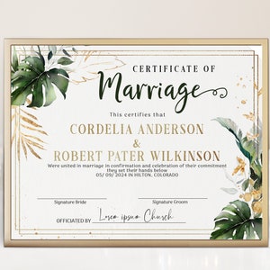 Greenery certificate of marriage template, tropical wedding certificate, editable marriage certificate keepsake, commitment certificate P207