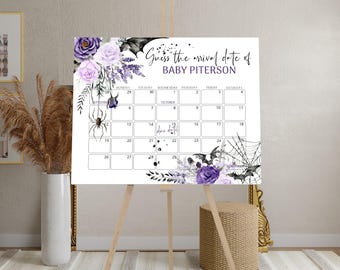 May include: A printable Halloween-themed baby shower game with a calendar for guests to guess the baby's arrival date. The calendar is decorated with purple flowers, bats, spiders, and spiderwebs. The text reads "Guess the arrival date of Baby Piterson".