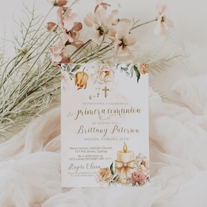 Invitación a la primera comunión, first communion invitation in Spanish, floral first communion invitation template, religious invite, P317