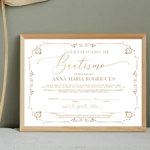 Certificado de bautismo, gold spanish christening certificate template, printable certificate of baptism, editable bautizo certificate, P278