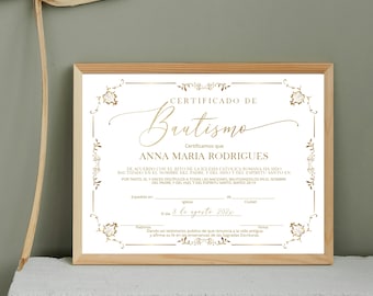 Certificado de bautismo, gold spanish christening certificate template, printable certificate of baptism, editable bautizo certificate, P278