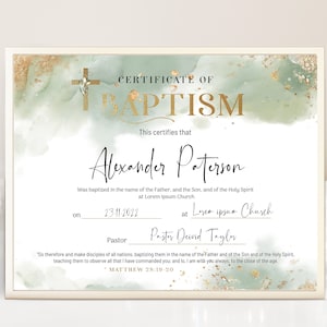 Sage green baptism certificate template, custom certificate of baptism printable, green gold christening certificate, baby baptism gift B2g