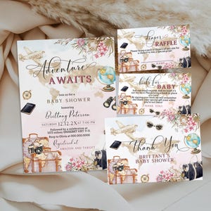 Adventure awaits baby shower invitation set template, world map baby shower, editable pink girl baby shower invite set, travel theme, P291