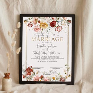 Boho floral wedding certificate template, editable marriage certificate keepsake, wedding certificate, marriage ceremony certificate, P304