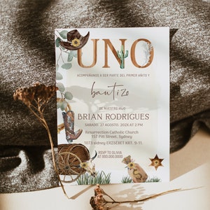 Uno birthday spanish baptism invitation, uno invitaciones de bautizo template, cowboy 1st party Invites christening and birthday invite P110