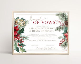 Christmas Vow Renewal Certificate Template, Editable Holiday Anniversary Marriage Certificate with Rings, Winter Wedding Keepsake, P273
